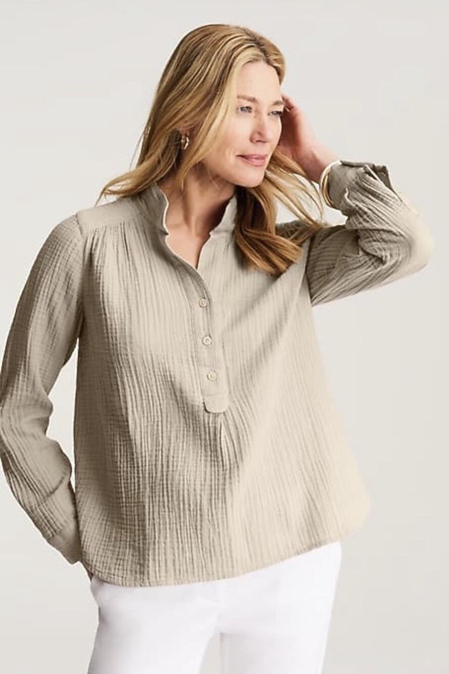 J. Jill Cotton Gauze Henley Long Sleeve Popover Sand Dune Size Small Lightweight